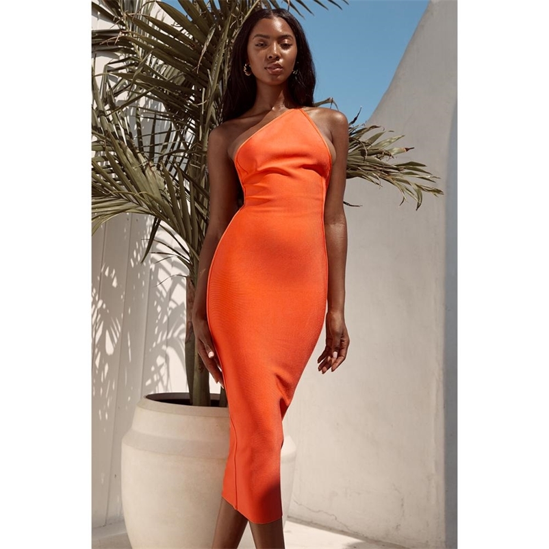 Party Dress One Shoulder Backless Midi Sleeveless Hollow Out Black Pink Orange Black Sheath Elegant Vestidos 210331