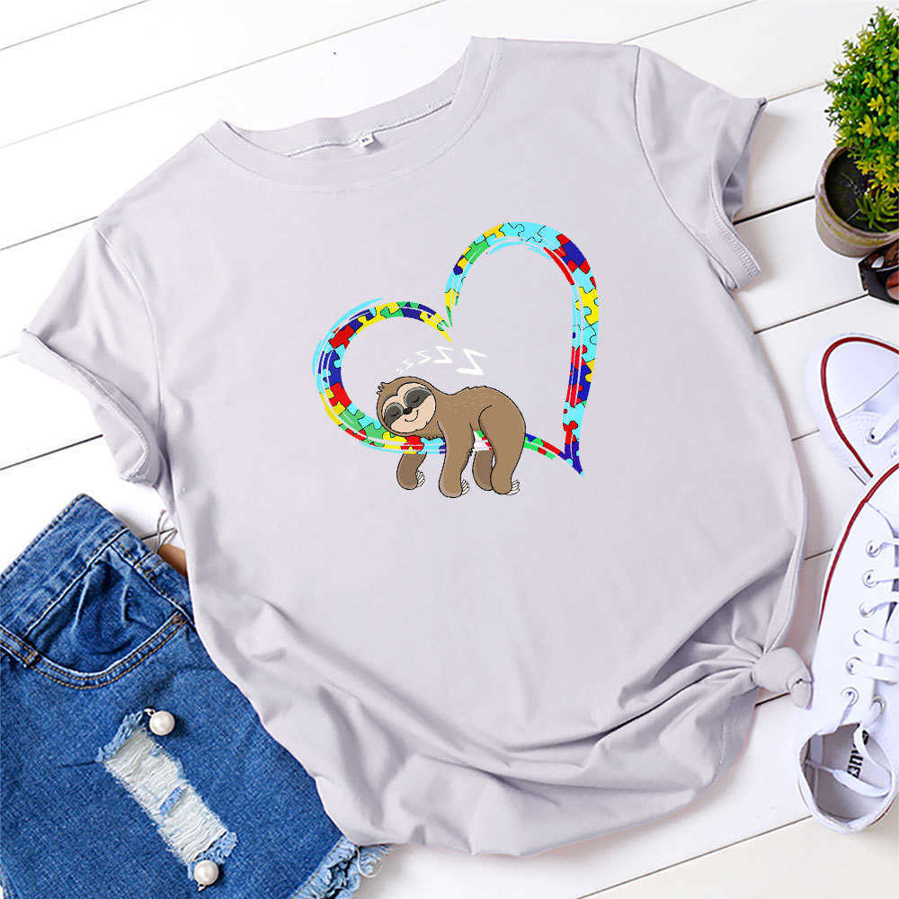 S-5XL Fashion 100% Cotton Women T-Shirt Casual Loose Lazy Sloth Heart Print Summer Female Tees Top Plus Size W871 210526