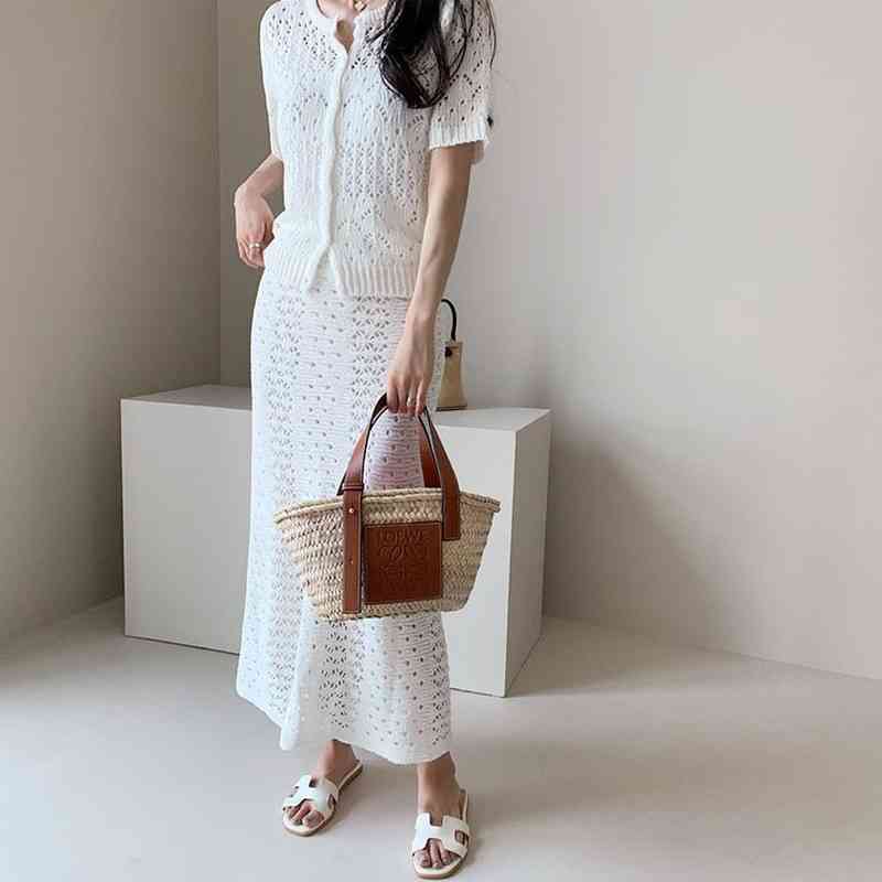 Matching Sets White O Neck Short Sleeve Lace Hollow Out Cardigan Top Thin Summer High Waist Wrap Hip Mermaid Skirt Korean Chic 210429