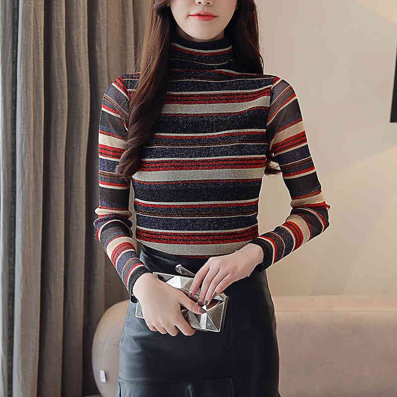Autumn Fashion Women Blouses Long Sleeve Turtleneck Tops Casual Striped Solid Clothing Plus Size 5621 50 210506