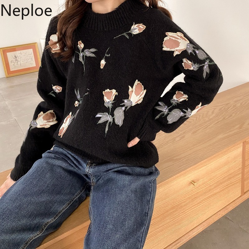 Neploe Heavy Embroidery Rose Pullovers Chic Sweet Knitted Sweaters Women Autumn Winter Clothes Sueter Thicked Warm Pull Femme 210422