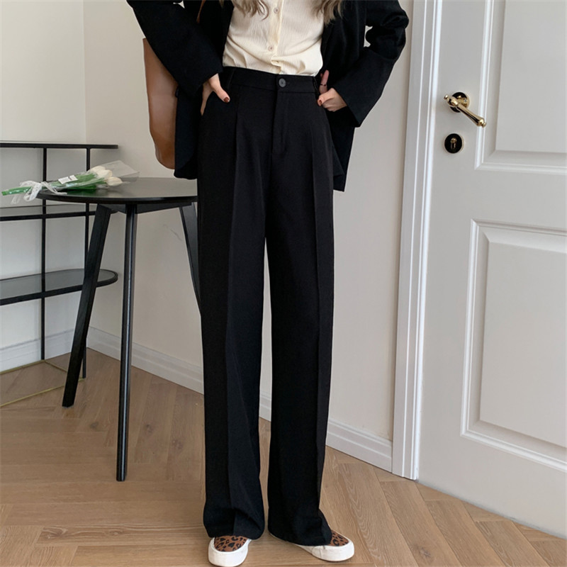 OL Elegant High Waist Straight Wide Leg Pants Women Spring Autumn Solid Work Casual Suit Female Trousers 210421