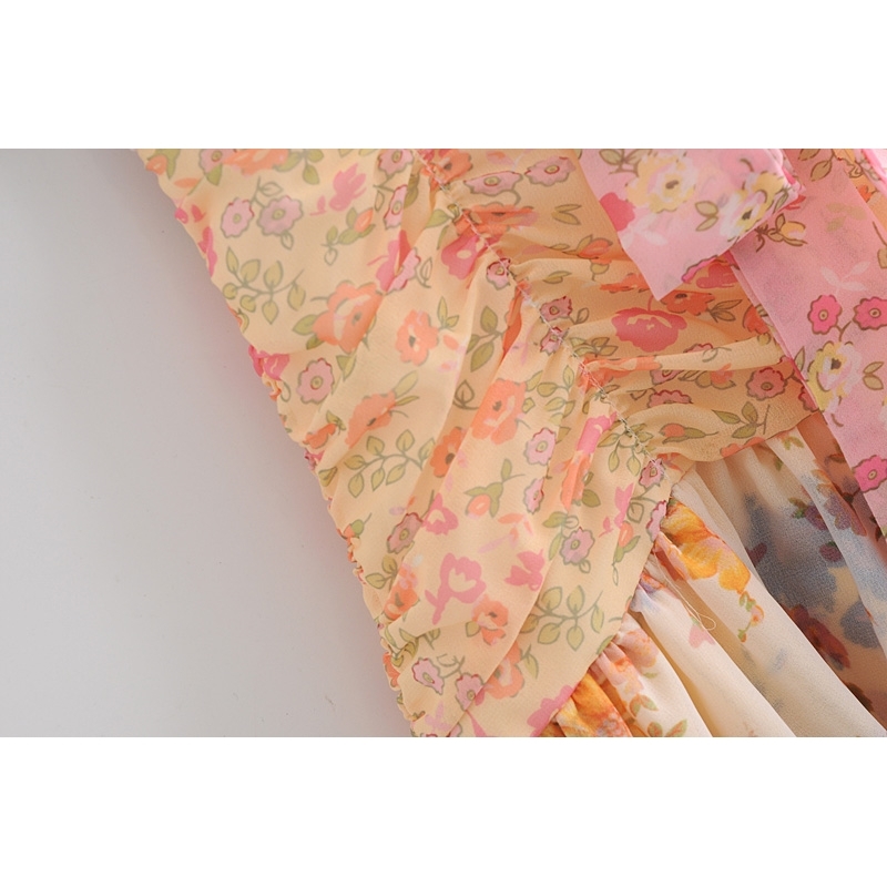 France Short Puff Sleeve Floral Print Hit Color Dress Retro Women Pleated Ruffle Tie Bow Sashes Mini Dresses Holiday 210429