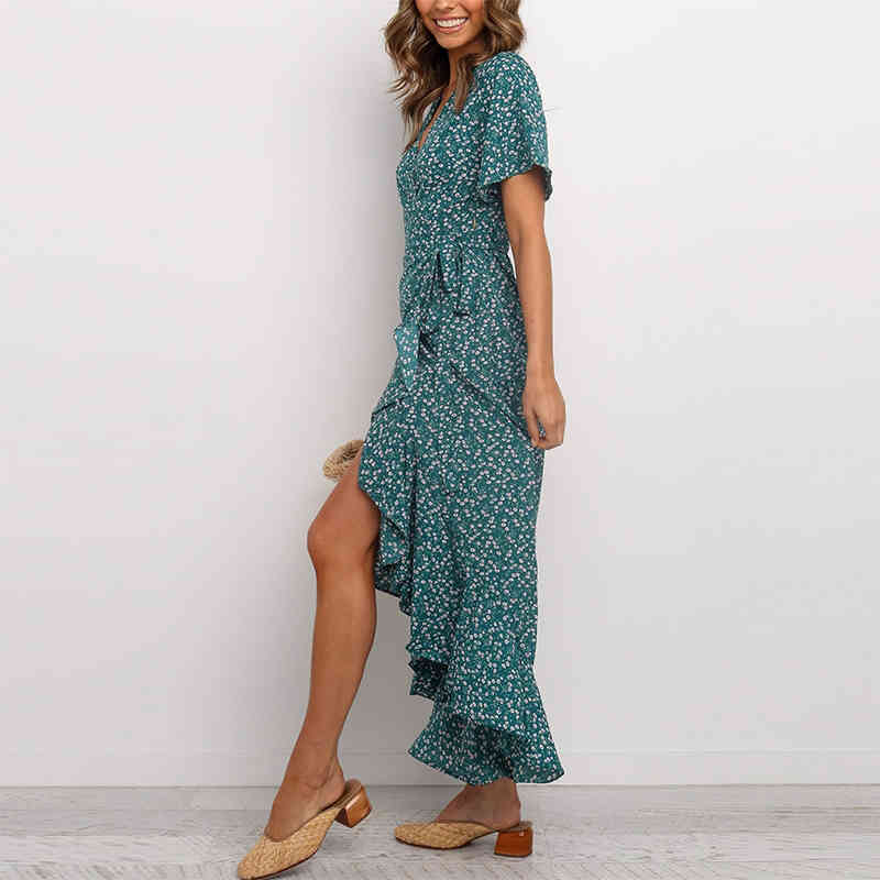 Women V Neck Floral Print Beach Long Dress Flare Short Sleeve Casual Maxi Dress Summer Bandage Wrap Dress Femme Robe 210414