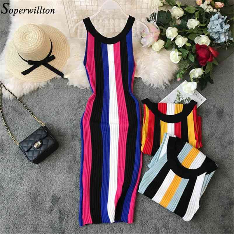 Dresses Women Summer Sleeveless Sexy Pencil Dress Halter Stretch Striped Spring Tank Vestidos Bodycon Knitted Sweater C66 210331