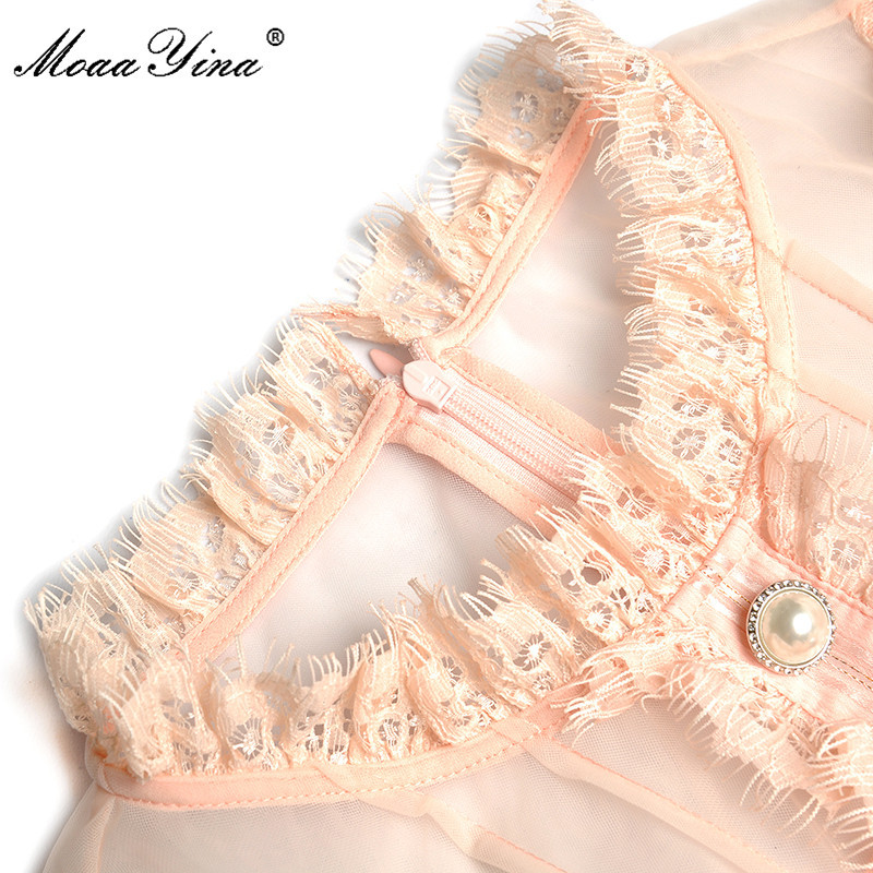 Fashion Runway dress Spring Women Dress Lace Stand collar Mesh Long sleeve Cascading Ruffle Elegant Party Cake Dresses 210524