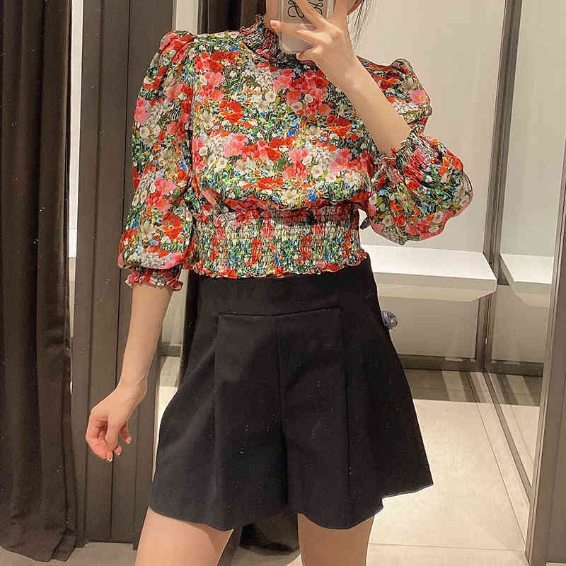 Boho Floral Print Womens Tops And Blouses Puff Sleeve Hollow Out Shirt Elastic Waist Holiday Blouse Top Camisas Mujer 210515