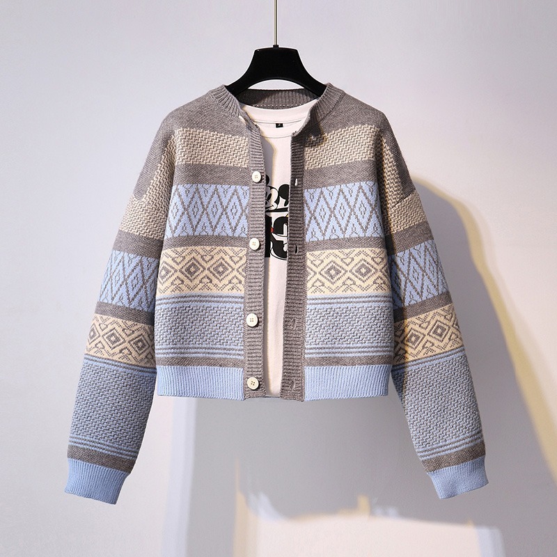 Autumn Winter Clothes Women Sweaters Print Vintage Warm Short Cardigans Korean Style Loose Mujer Sueter 17866 210415
