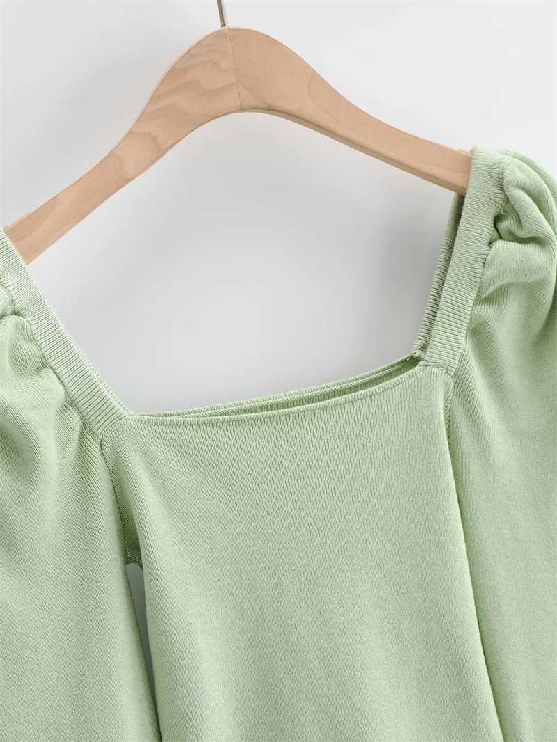 WOMENGAGA Women Square Neck Crop Knitted Jumper With Puff Shoulder Detail Long Sleeve Knit Top K4YC 210603
