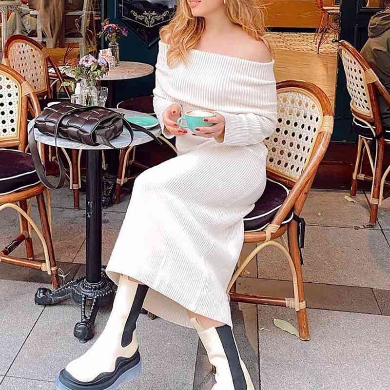 Vintage Women Elegant Off The Shouder Bomb Knitted Long Dresses Spring Fashion Ladies Slim Chic Dress Female Stylish 210430