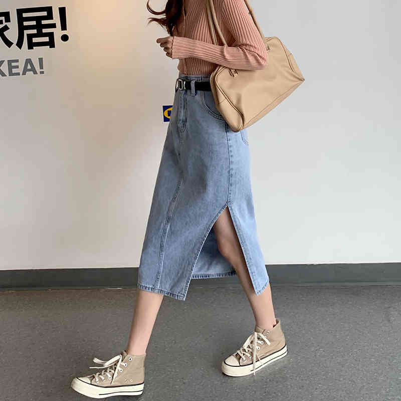 S-XL 2Color Long Denim Skirt korean style Side Split High Waist Midi Skirts Women split Jean Skirt Style Saia Jeans (72856 210423