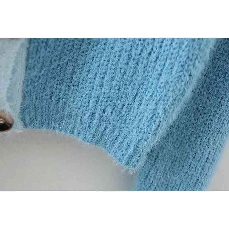 Vintage blue knitted cardigans women crop sweater korean fashion ladies tops casual warm spring 210521
