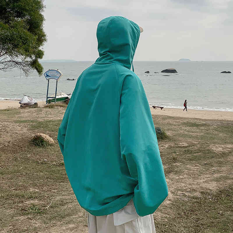 Spring New Korean Fashion Jackets Men's Loose Windbreaker Hooded Zipper Jacket Coats Men's Casual Outwear Black Lake Green 210412