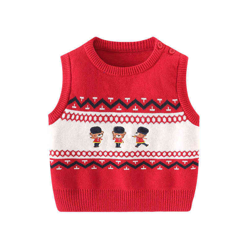 Toddler Boy Soldier Knitted Vest Tops Baby Cartoon Knitwear Children Embroidery Bear Sleeveless Knit Sweater Fall Winter Clothes 211104