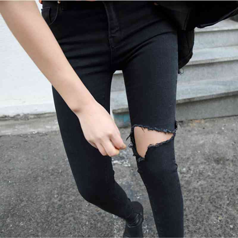 Summer Irregular Stretch Ripped Holes Denim Jeans Women bilack Female Pencil Skinny Tassel High Waist Pants10399 210518