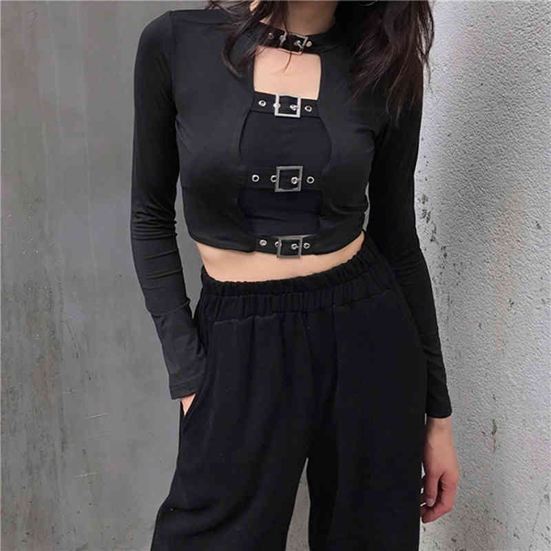 Sexy Women Crop Tops Hollow Out Buckle Long Sleeve Female Bodycon Tops Gothic Punk Black Tops Streetwear Party Lady Tee 210406