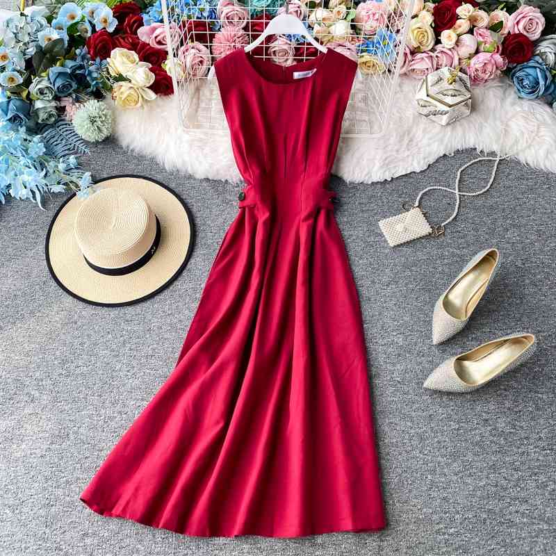 LY VAREY LIN Summer Solid Sleeveless High Waist Dress Sexy A-line O Neck Mid-Calf Women Party 210526