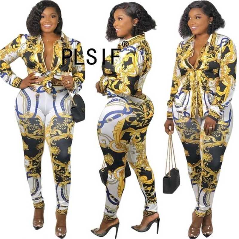 Vintage style print women clothes set full sleeve shirt and pencil pants two piece vintage fashion suit 211105