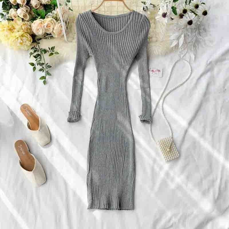 Women Vintage Knit Dress Autumn Long Sleeve O Neck High Elasticity Slim Bodycon Dress Casual Ladies Solid Sweater Vestidos 210521