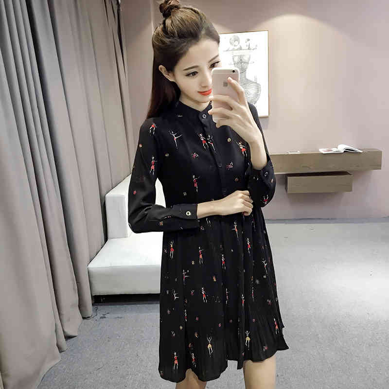 Spring Fashion Woman Long Sleeve Print Chiffon Dress Women Plus Size es Empire Button Pleated 2186 50 210518