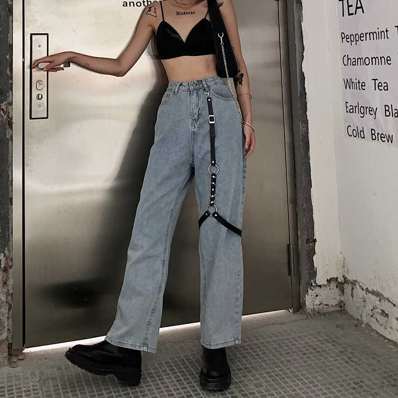Baggy High Waist Women's Jeans Streetwear Light Colour Straight Pants Harajuku Fashion Denim Trouser Black Leather Buckle 210922
