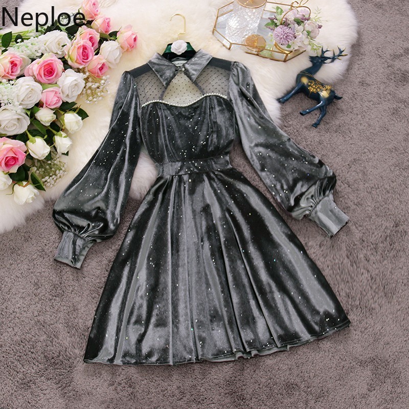 Neploe Chic Sequined Velvet Dress Patchwork Gauze Beading Robe Stand Neck Hollow Out Vestidos Flare Sleve Elegant Dresses Women 210422
