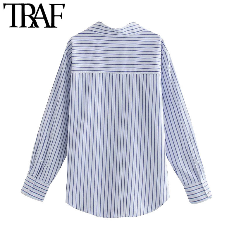 TRAF Women Fashion Office Wear Striped Loose Blouses Vintage Long Sleeve Pockets Female Shirts Chic Tops 210401