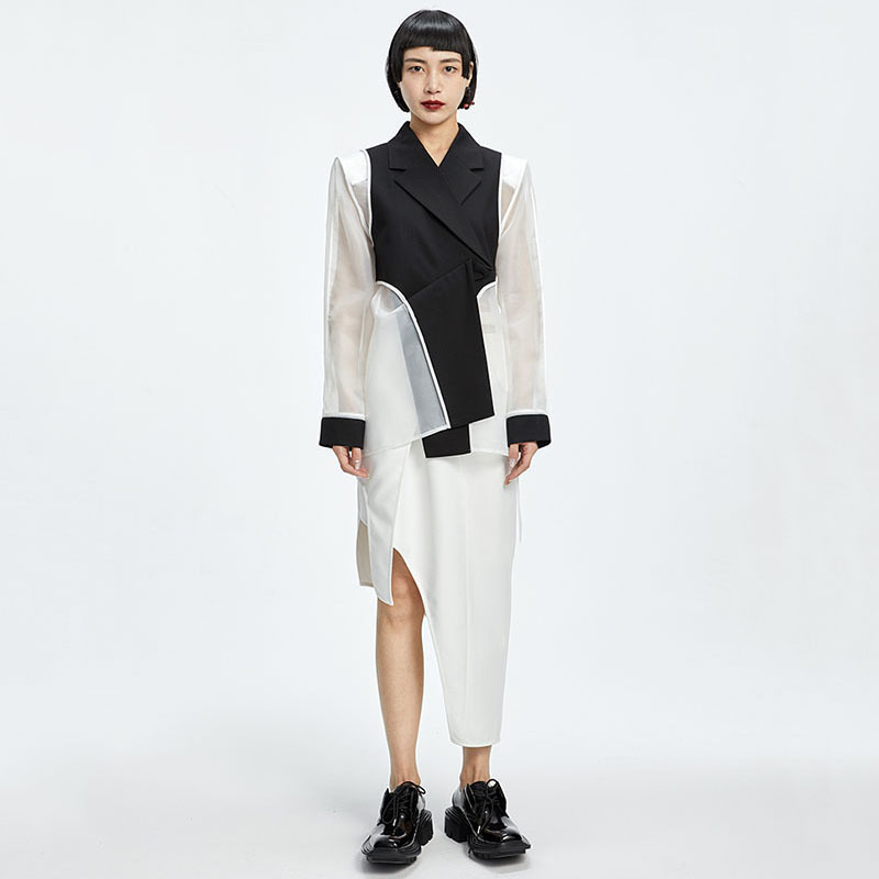 [EAM] Women Black Spliced Mesh Asymmetrical Blazer Lapel Long Sleeve Loose Fit Jacket Fashion Spring Summer 1DD7295 21512