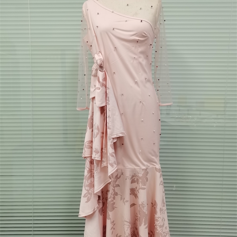 Long African Dress Sexy Nail Beaded Mesh Sleeve Ruffles Robe Vetement Femme Daily Evening Party Dress African Dresses For Women 210408