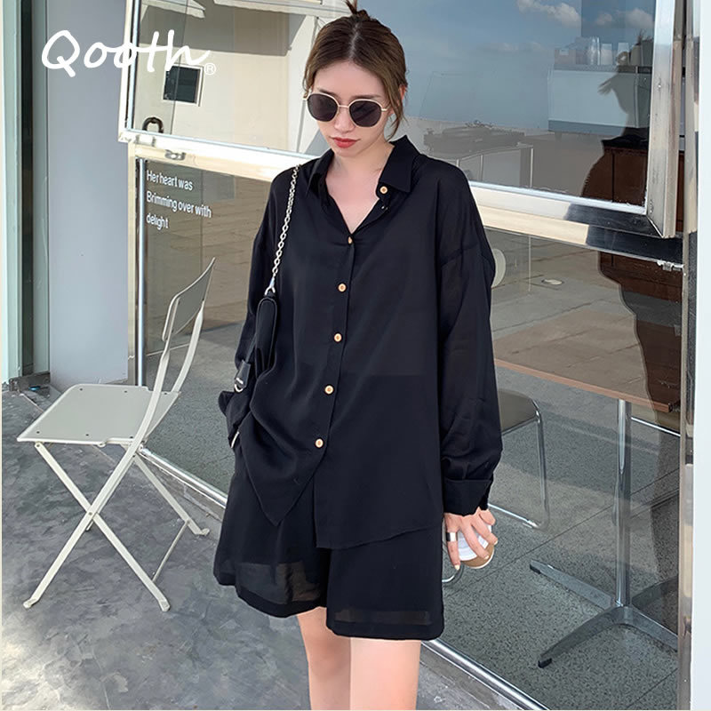 Qooth Summer Women Blouse Shorts 2 Pieces Set Sunscreen Clothing Korean Style Tops Black Thin Perspective Loose Blouse QT100 210518
Qooth Summer Women Blouse Shorts 2 Pieces Set Sunscreen Clothing Korean Style Tops Black Thin Perspective Loose Blouse QT100 210518