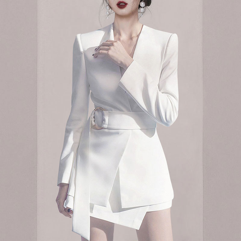 Women Spring And Autumn Fashion Temperament With Belt Waist White Suit Jacket + Asymmetrical Two-Piece Female Skirt Sets 210520