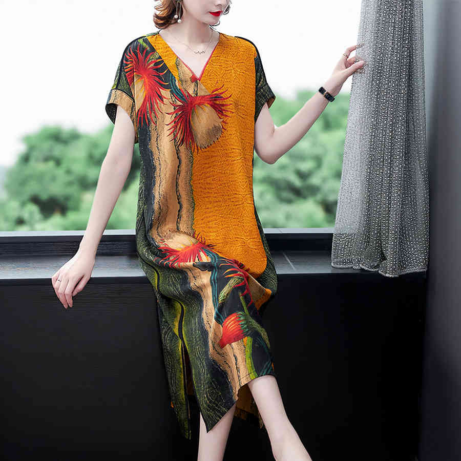 Summer High Quality Mulberry Silk Dress Fashion Vintage Print 4XL Plus Size Runway Midi Dress Elegant Women Bodycon Vestido 210331