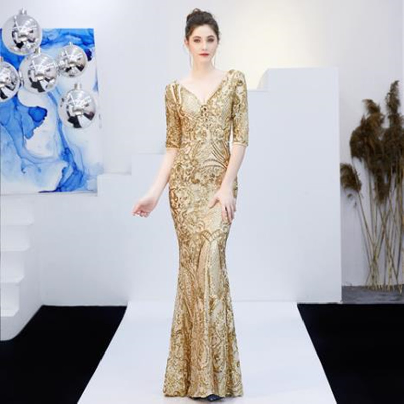 Emerald Green Mermaid Evening Dresses with Half Sleeve Sequins Applique Lace Real Image Prom Party Gown robe de soirée femme