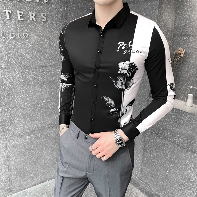 Fashion Patchwork Color Shirt Men Slim Fit Autumn New Long Sleeve Shirts Men All Match Digital Print Blouse Men Clothing 210410