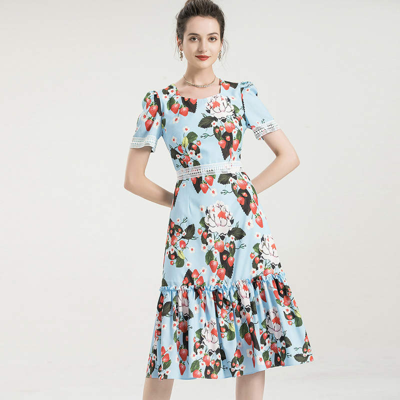 Women's Runway Dresses Square Neckline Short Sleeves Printed Embroidery Patchwork Elegant Autumn Dress