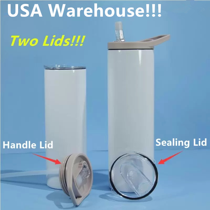 Local Warehouse! Blank Sublimation Tumbler 20oz STRAIGHT skinny tumbler whit handle Lid Straight Cups Stainless Steel Beer Coffee Mugs Two Lids!