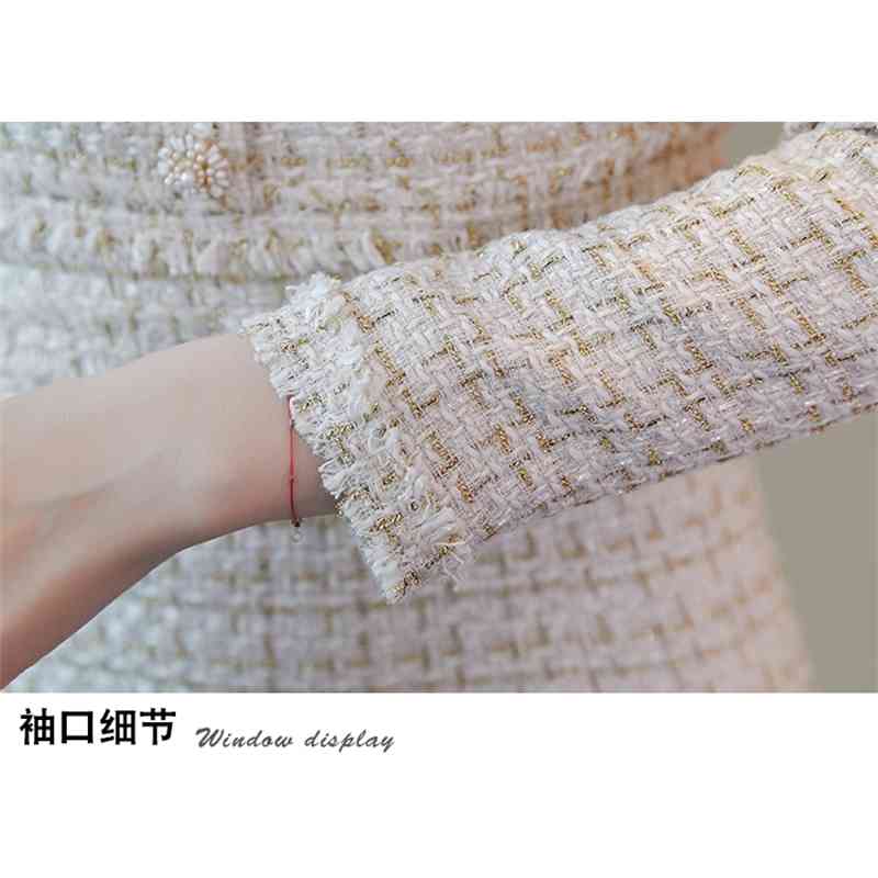 Fashion Women Tweed Long sleeve Midi Dresses Autumn Winter Beading Office OL Bodycon sheath Dress Vesitdos 210519