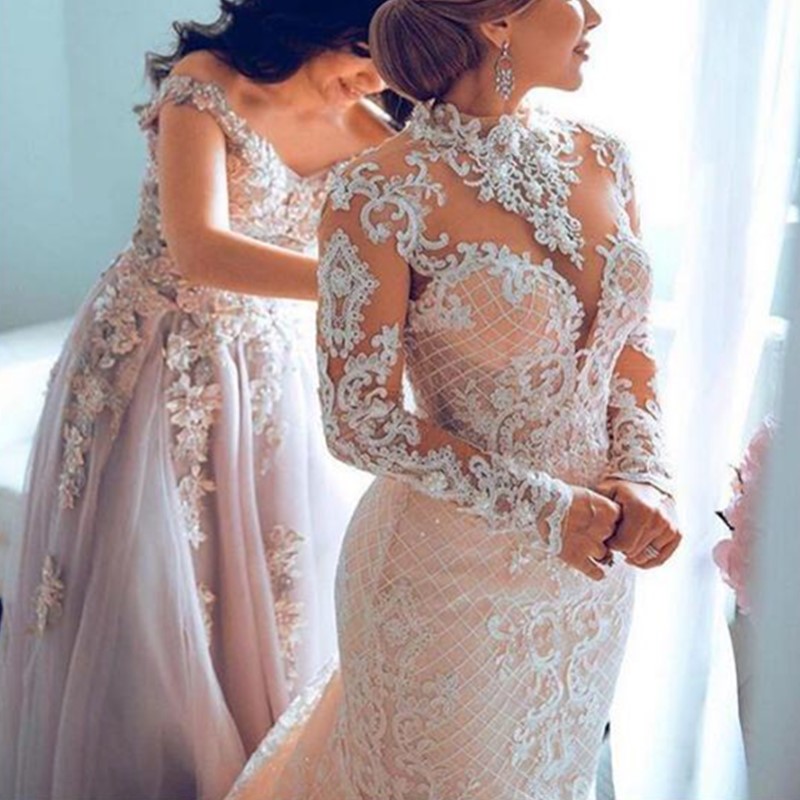 Modest Mermaid Bridal Gowns with Detachable Skirt Shining Sequins Crystals Beads Appliques Sheer Neck Backless Long Wedding Dresses