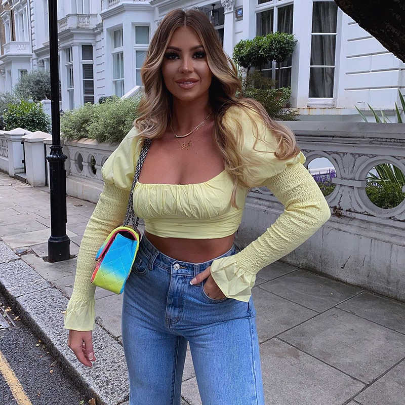 Colysmo Cropped Tops Blouse Women Autumn Solid Color Vintage Square Collar Long Flared Sleeves Pleated Wrinkled Blusas Mint 210527