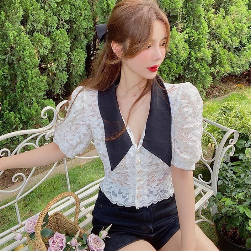 Summer French Bubble Short-Sleeved Blouse Lace Korean Style Casual Puff Sleeve Chiffon Cardigan Women's Thin Shirt Top 210521