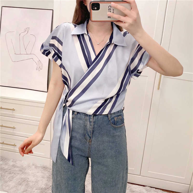 Za Striped Cropped Shirt Women Short Sleeve Knotted Blue Blouse Feminine Fashion Hidden Button Vintage Summer Wrap Top 210602