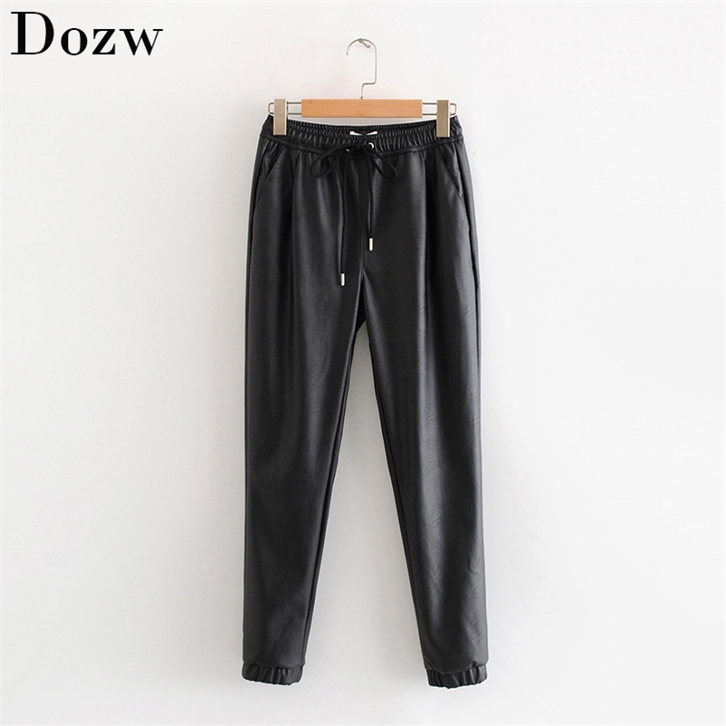 Women Black Chic PU Leather Pants Elastic Waist Long Length Elegant Bottoms Drawstring Tie Pockets Basic Female Trousers XS-XL 210515