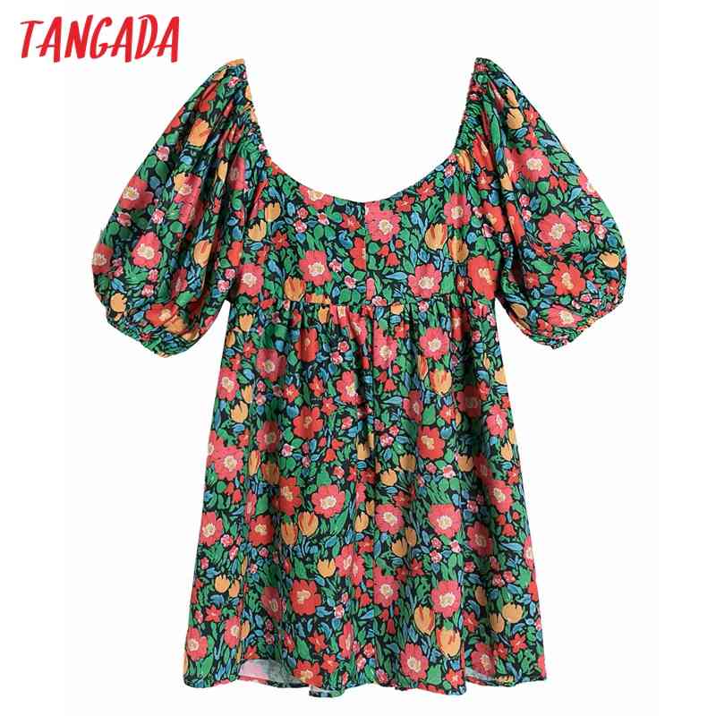 Summer Women Floral Print French Style Puff Short Sleeve Ladies Mini Dress Vestidos 6H4 210416