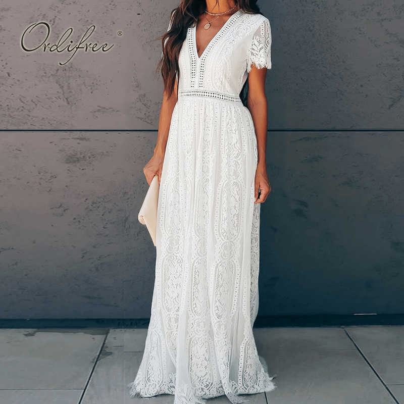Ordifree Summer Vintage Women Maxi Party Dress Short Sleeve White Lace Long Tunic Beach Dress Vocation Holiday Clothes 210630