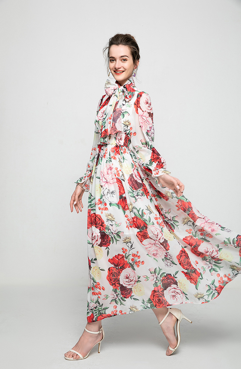 Women's Runway Dresses O Neck Long Sleeves Floral Printed Elastic Waist Fashion Maxi Dress with Scarf