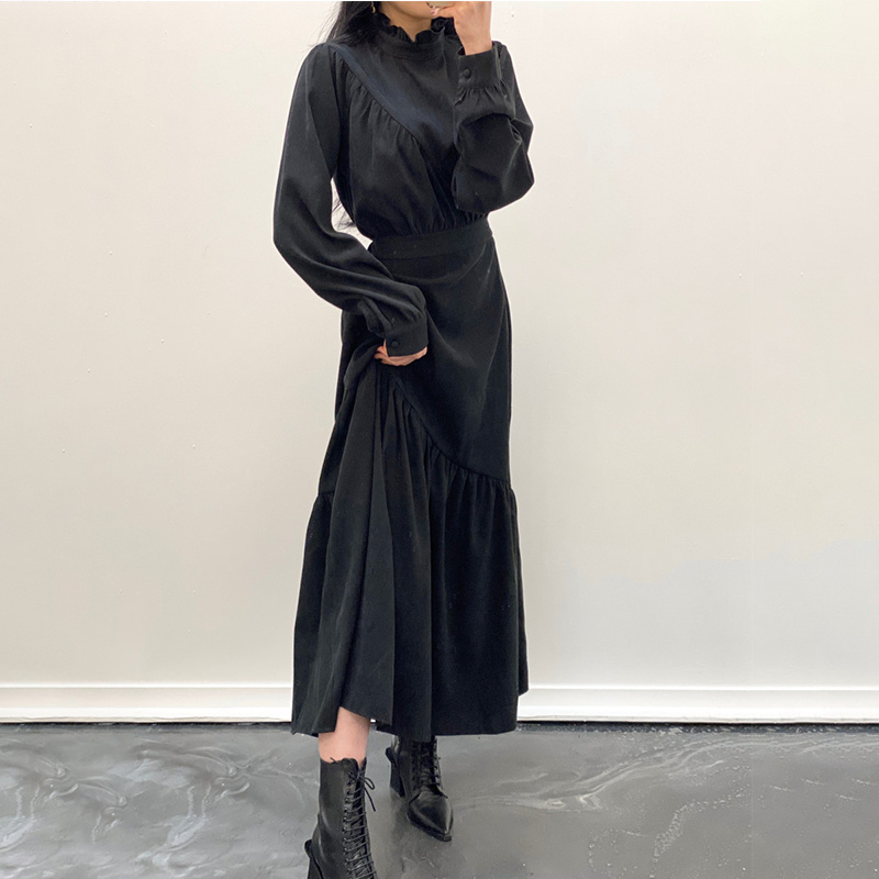 Korea Irregular Ruffled Waist Straps Women Dress Long Sleeve High Pleated Vestido Female 12802 210427