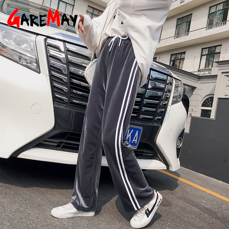 Gold Velvet Wide Leg Pants Women's High Waist Straight Floor Length Pant Loose Casual Sports Trousers Large Women Wear 210428