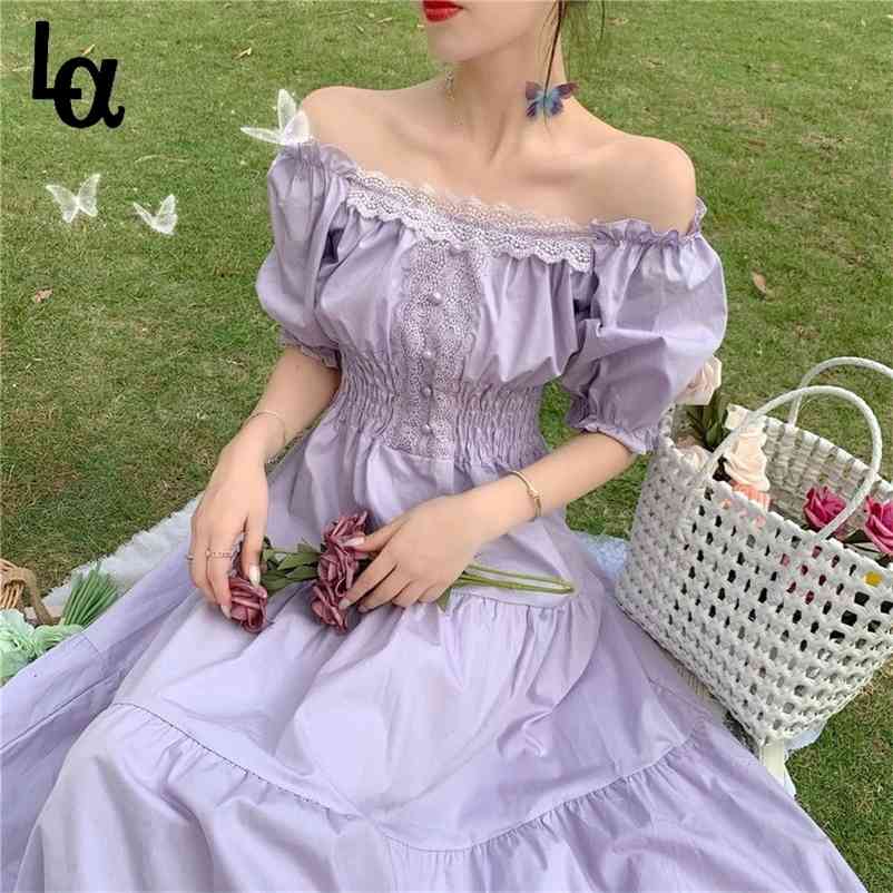 Luck A Girl Summer Purple Elegant Lace Long Maxi Dress Vintage Square Collar French Princess Dresses Casual Holiday Party Dress 210331