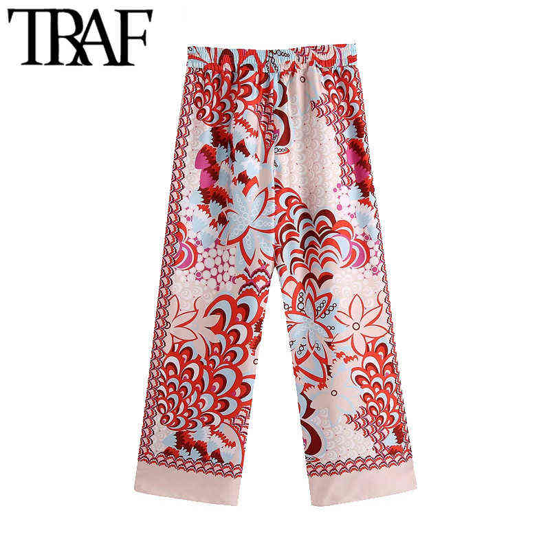TRAF Women Chic Fashion Patchwork Floral Print Wide Leg Pants Vintage High Elastic Waist Female Ankle Trousers Mujer 211115