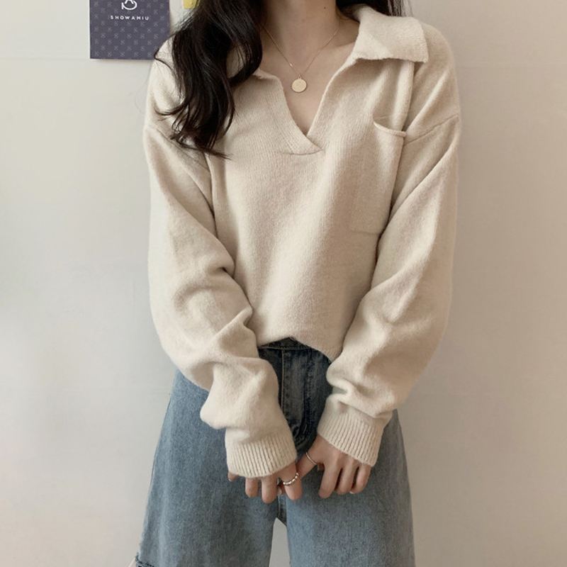 Women V-neck Pullover and Sweaters Solid Casual Knit Pull Jumpers Autumn Winter Knitted Sweater Tops Femme 210519